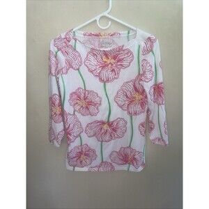 LILLY PULITZER Andie White Clover Cup 3/4 Sleeve Top  XS Tropical Beach Resort